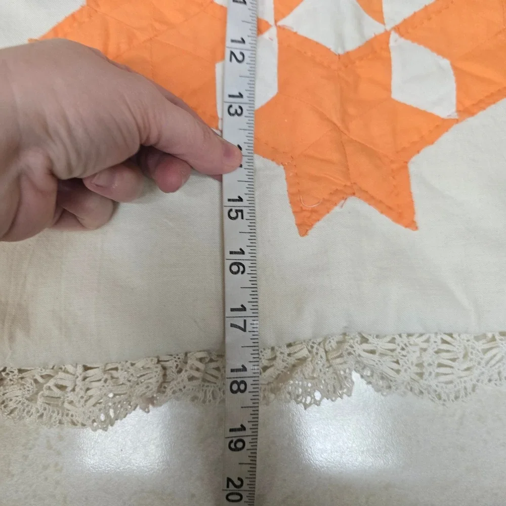 Vintage Handmade Quilted Star Pillow Sham Orange White Crochet Lace Trim 18x18